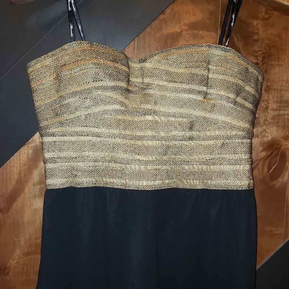 Strapless Gold Bustier and Black Pants Pantsuit